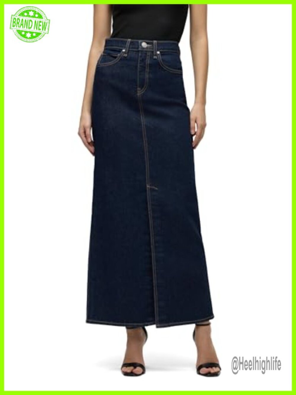 High Rise Maxi Denim Skirt with Front Back Vents Comfort Stretch